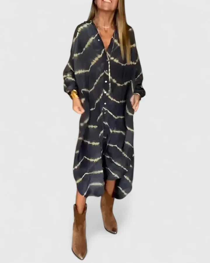 Navy tie-dye midi shirt dress on model facing forward