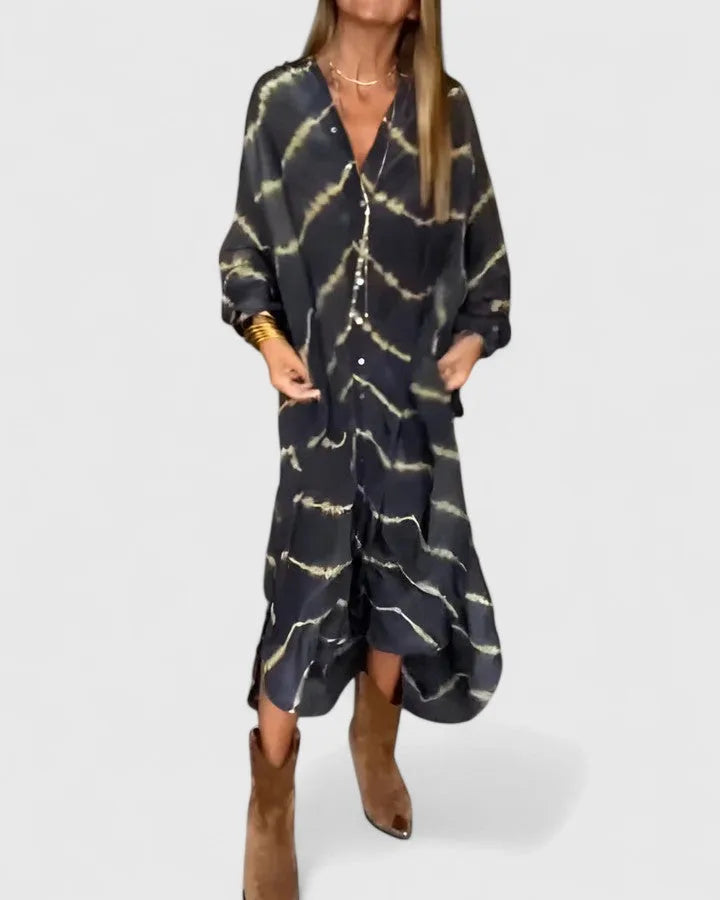 Navy tie-dye midi shirt dress on model in side profile