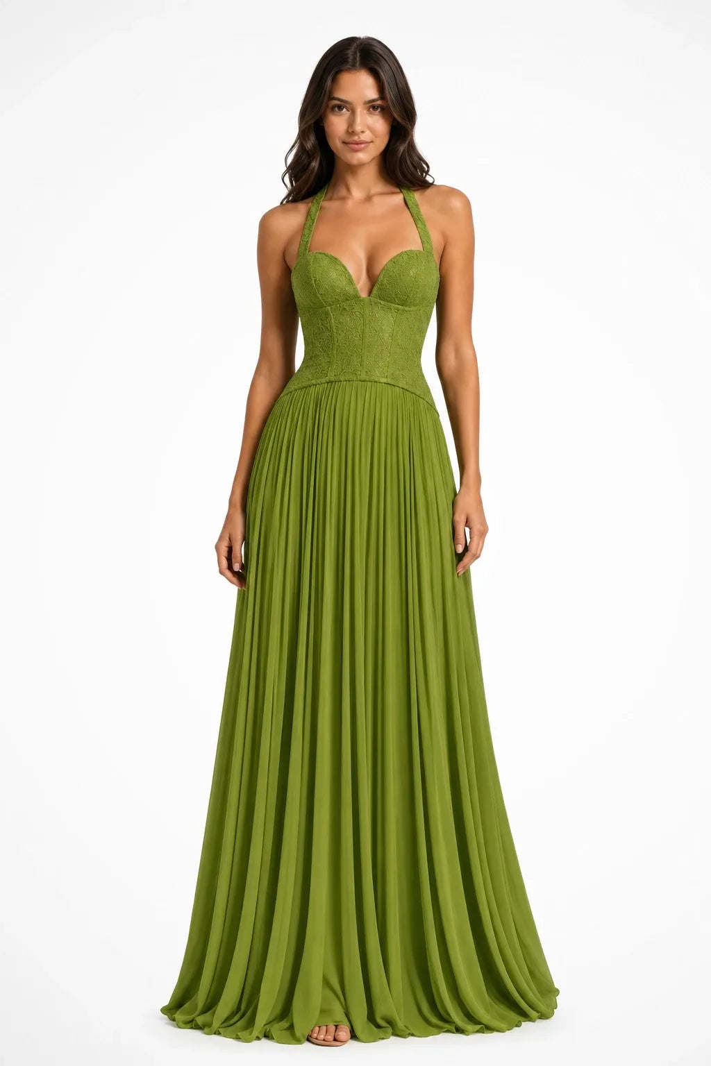 Lace Corset Halter Neck Pleated Chiffon A-Line Maxi Dress for Women, Formal, Wedding Guest, Graduation & Cocktail, Green / 2XL