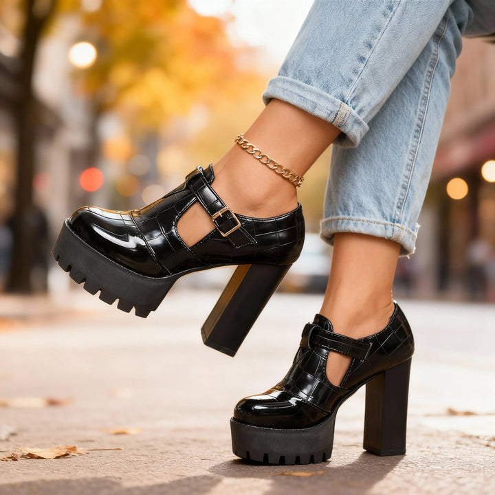Black platform T-bar pump with chunky block heel and T-bar strap