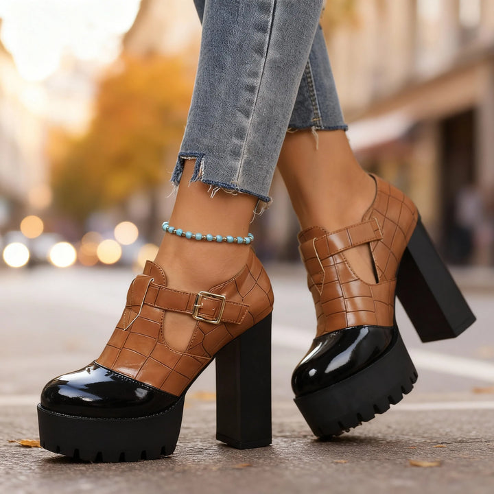 Red platform T-bar pump, rear view displaying block heel and ankle strap closure