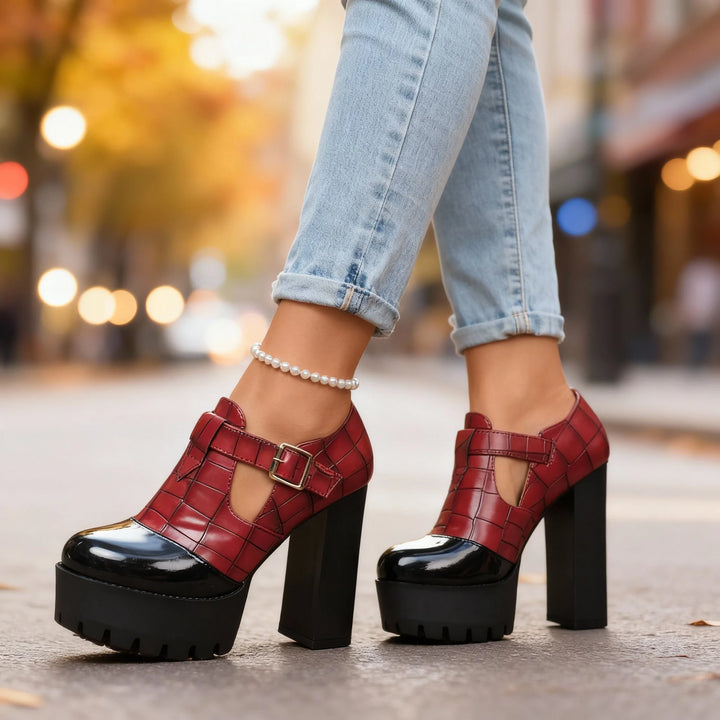 Red platform T-bar pump, front view showing toe strap and chunky platform sole