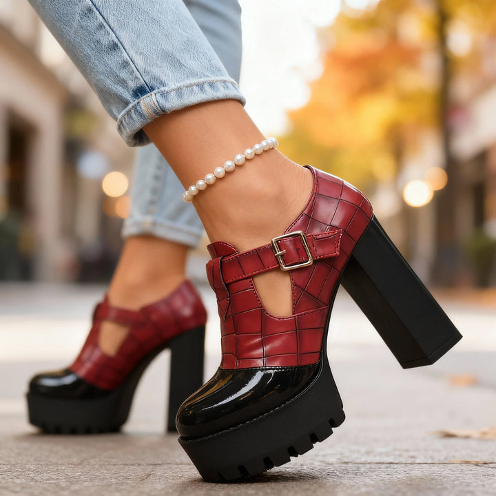 Red platform T-bar pump, side profile highlighting block heel and T-strap detail