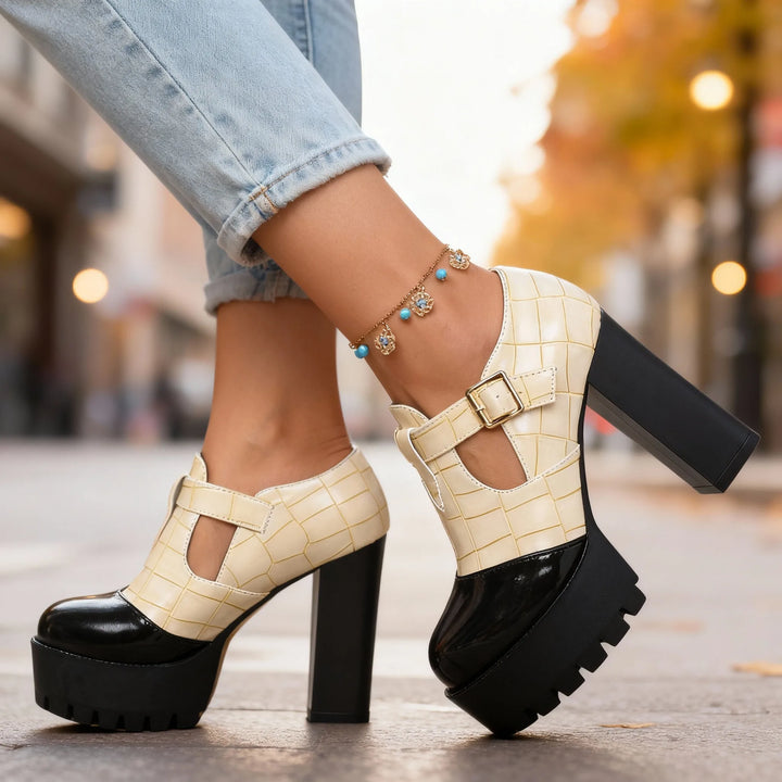White platform T-bar pump with block heel and T-strap detail