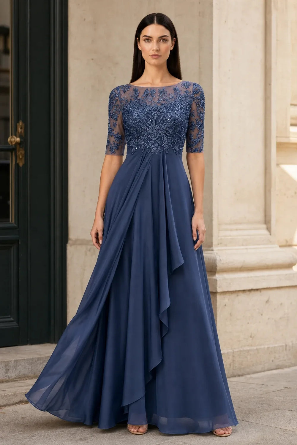 Blue lace illusion midi dress on model in contrapposto stance
