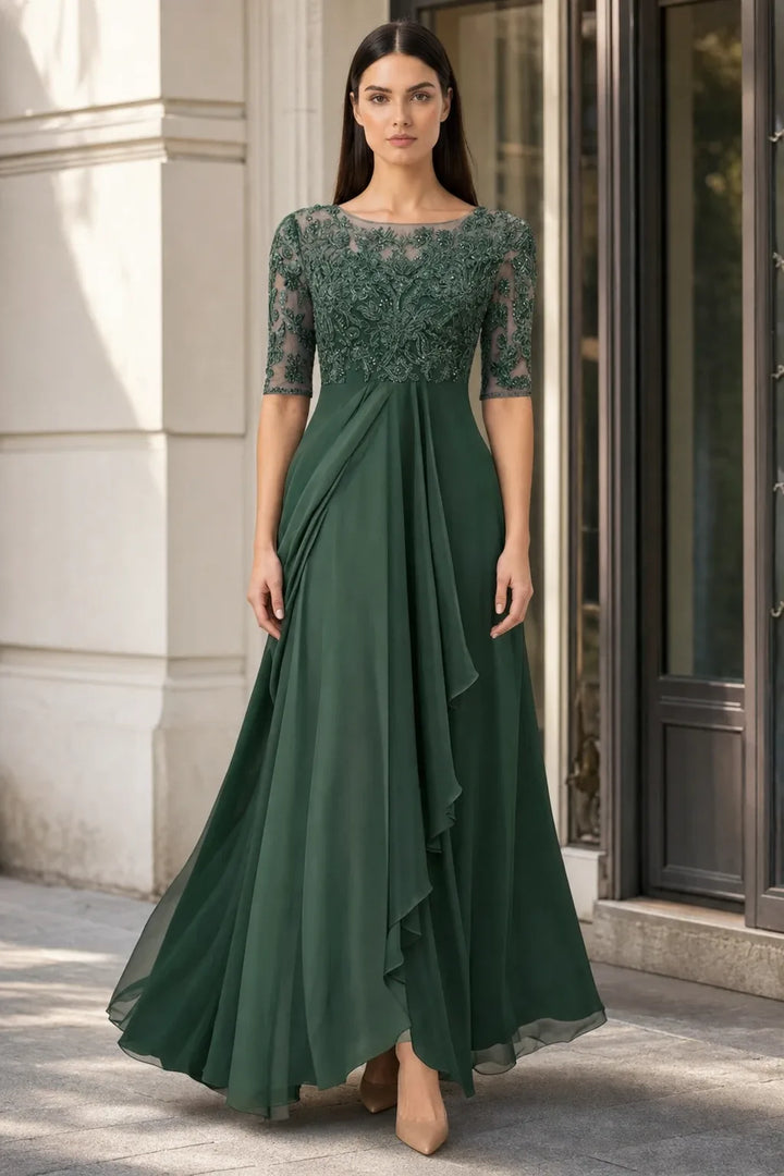 Green lace illusion midi dress on model in contrapposto stance