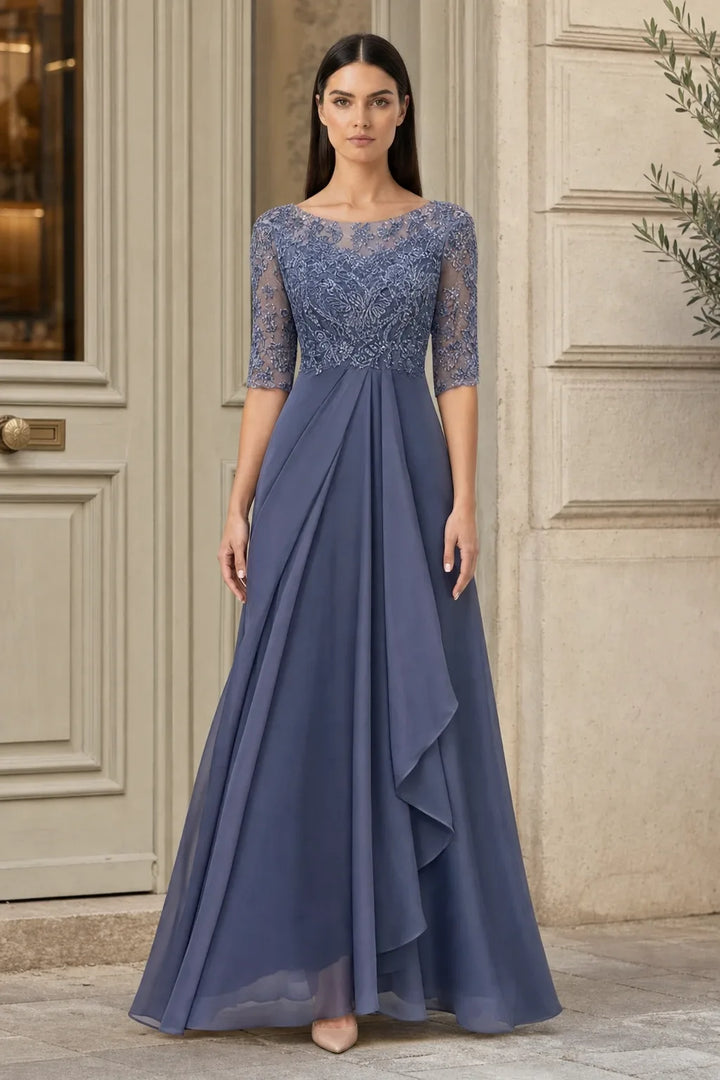 Purple lace illusion midi dress on model in contrapposto stance