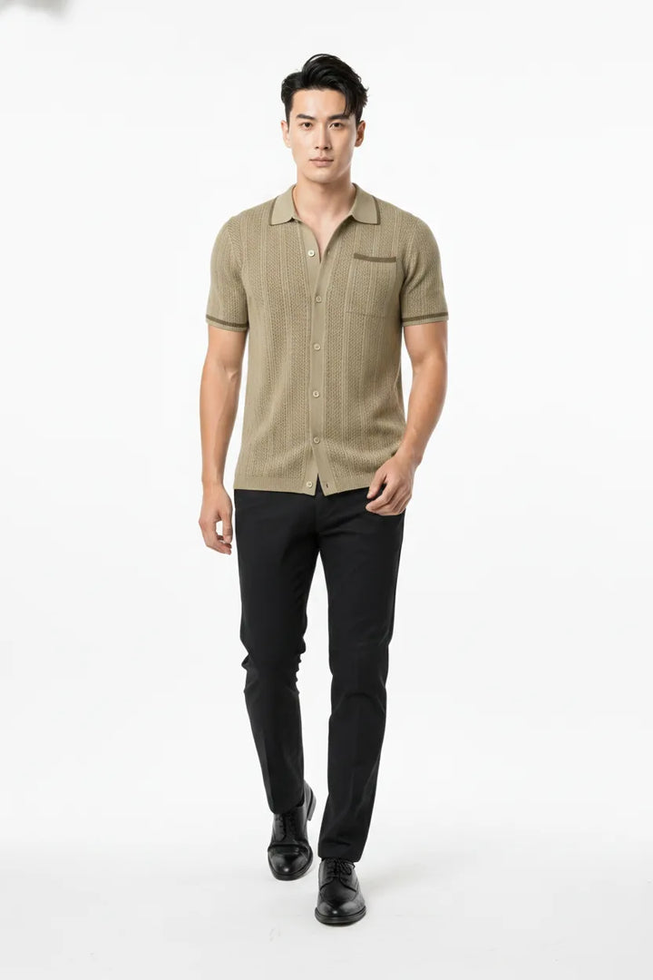 Khaki cable knit camp shirt on a model in natural movement