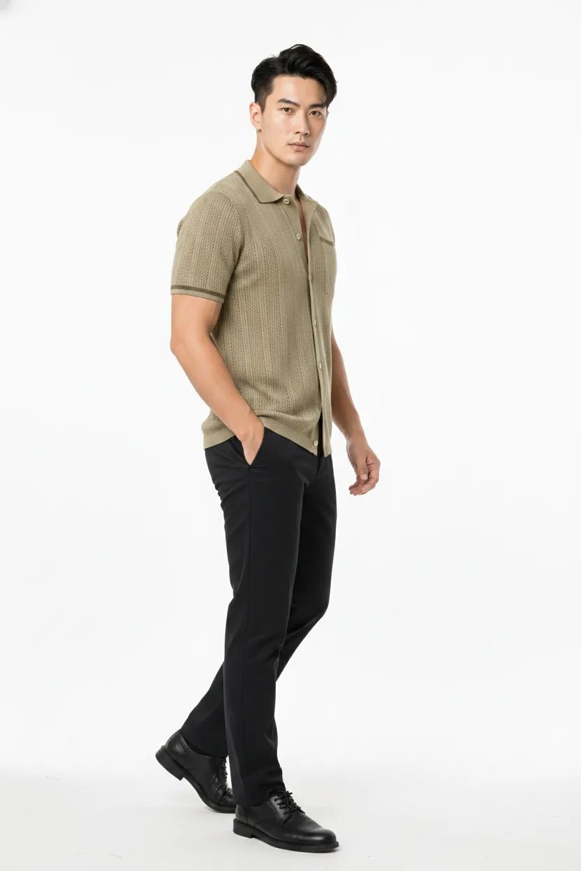 Khaki cable knit camp shirt on a model in a three-quarter turn pose
