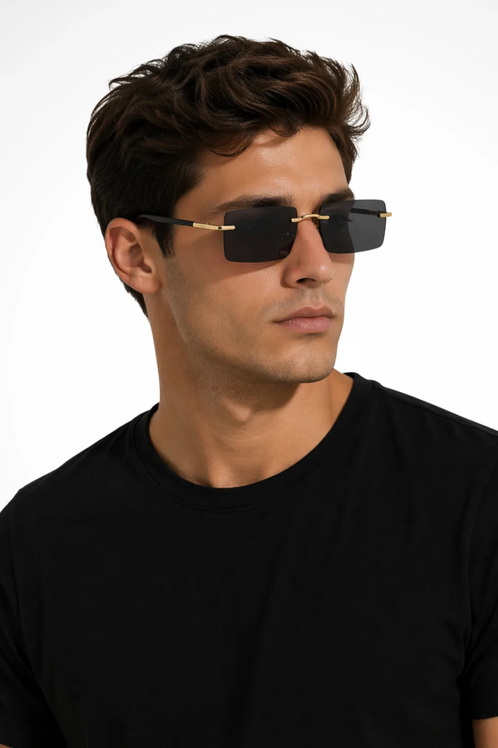 Rimless rectangular metal eyeglasses in black, front view