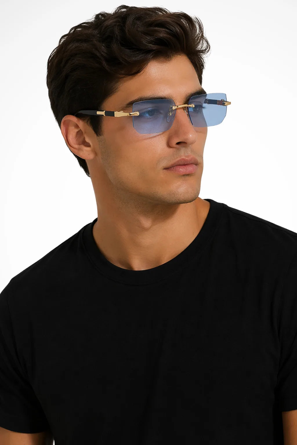 Rimless rectangular metal eyeglasses in blue, front view