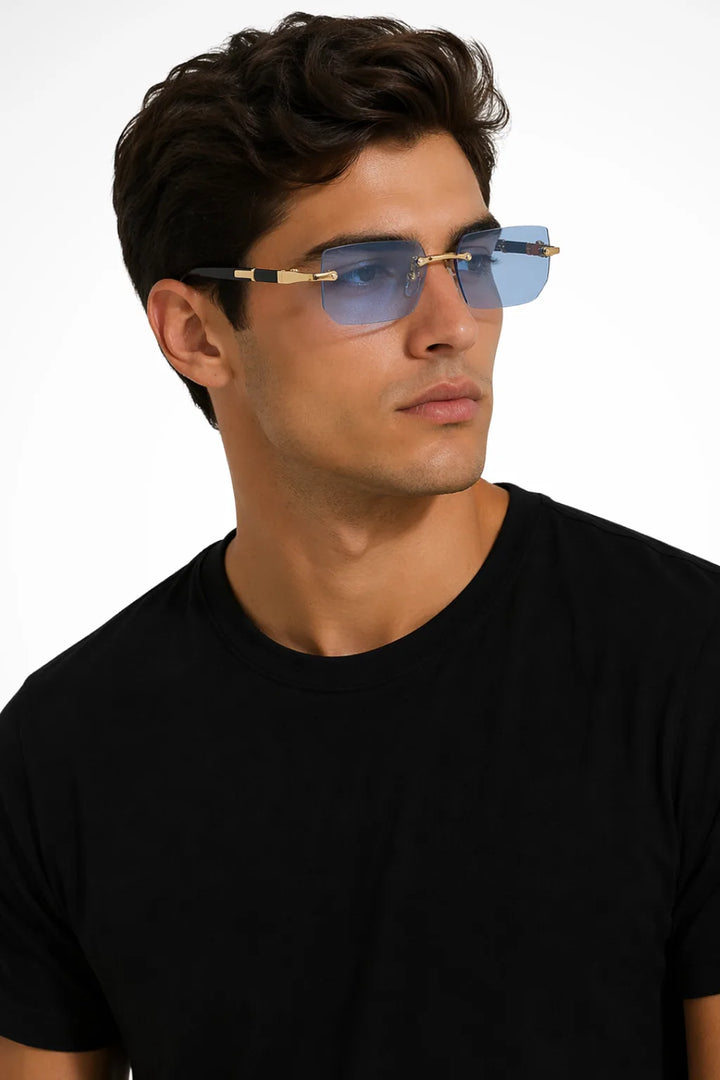 Rimless rectangular metal eyeglasses in blue, front view