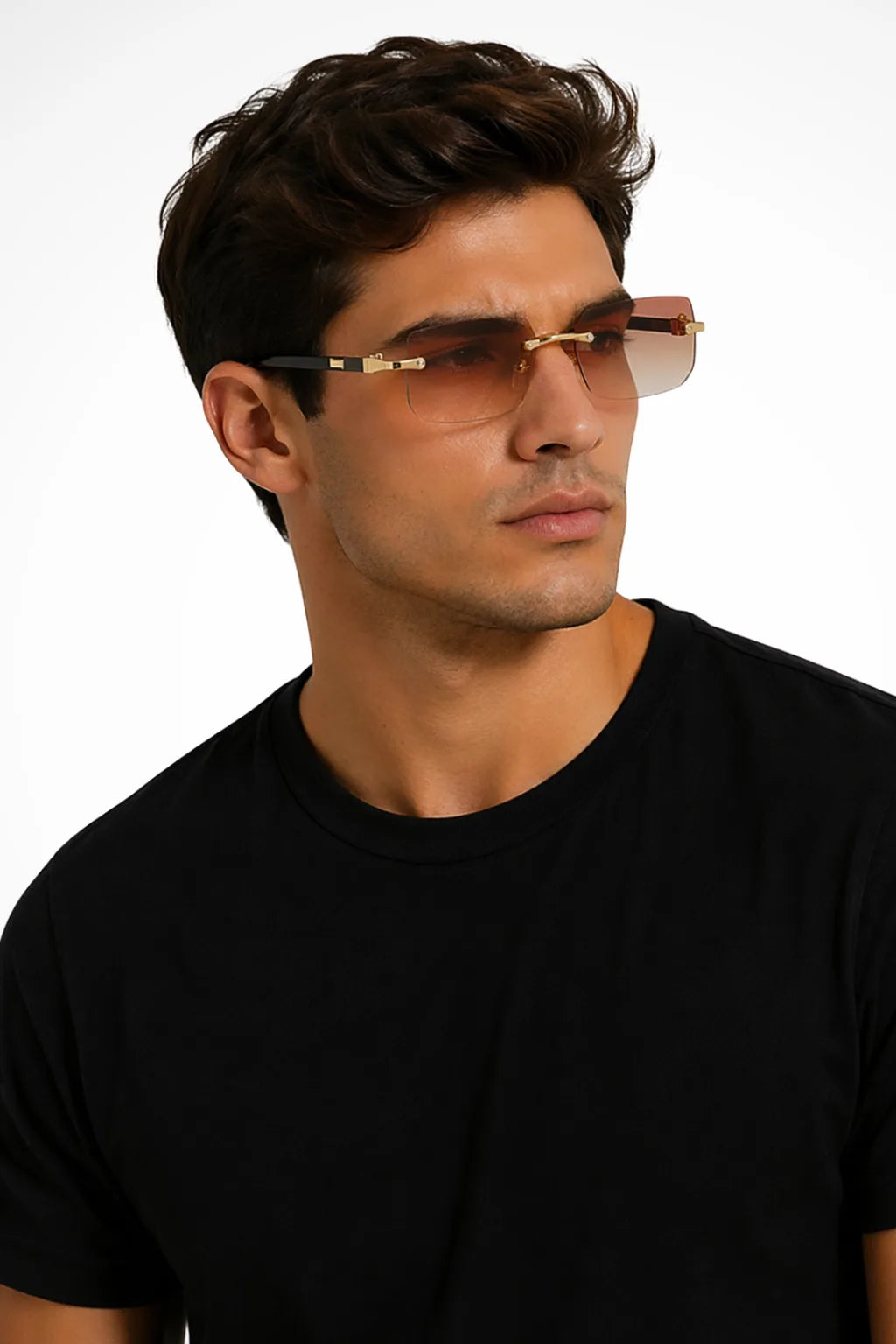 Rimless rectangular metal eyeglasses in brown, front view