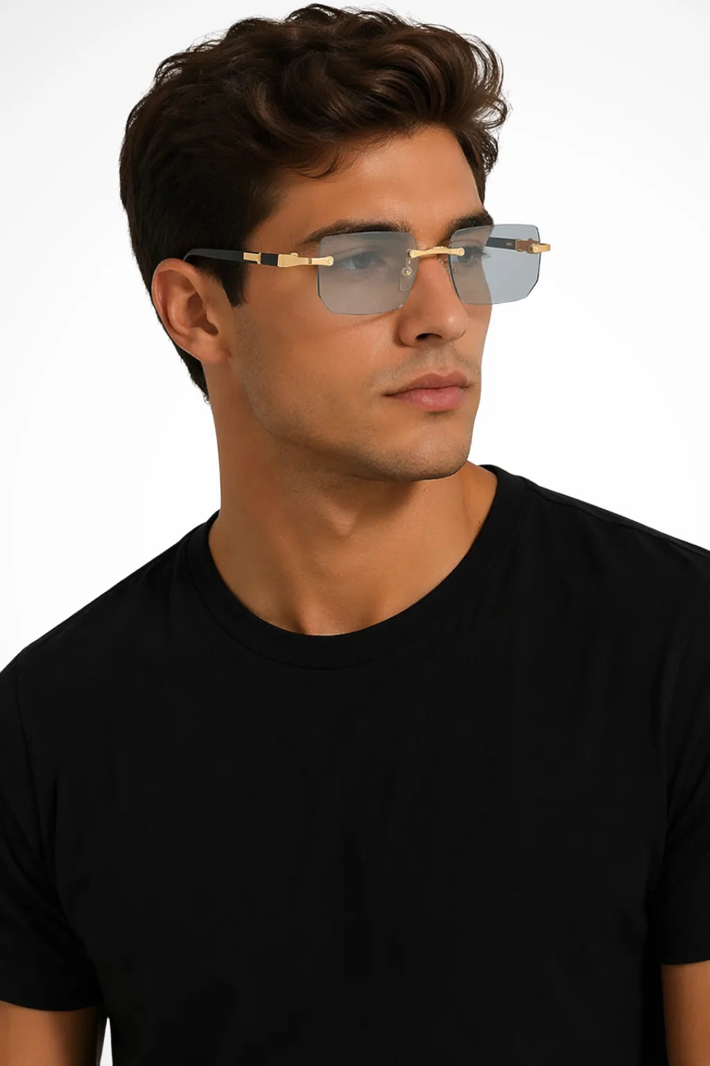 Rimless rectangular metal eyeglasses in green, front view