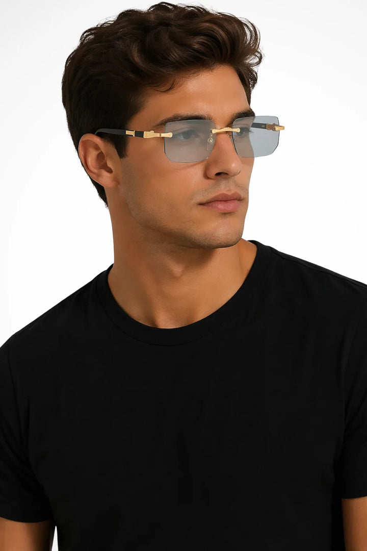 Rimless rectangular metal eyeglasses in green, front view
