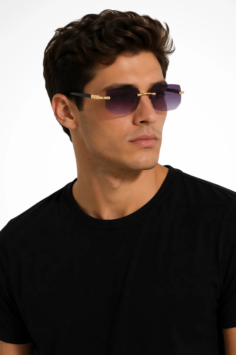 Rimless rectangular metal eyeglasses in grey, front view