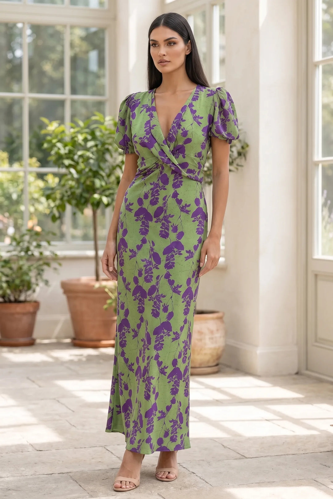 Model wearing green floral wrap midi dress in an outdoor lifestyle setting
