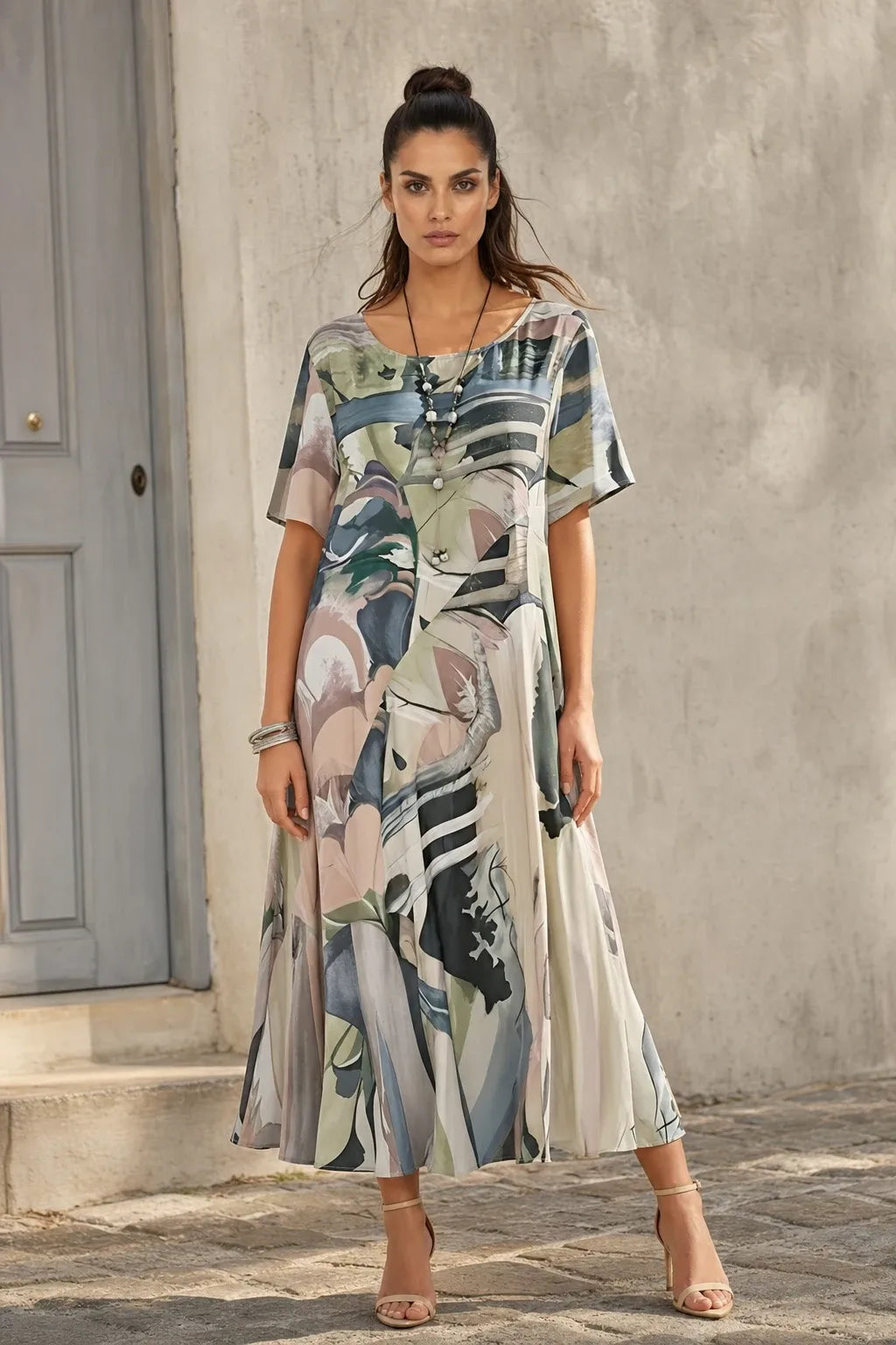 Grey abstract-print midi dress on model standing in contrapposto pose