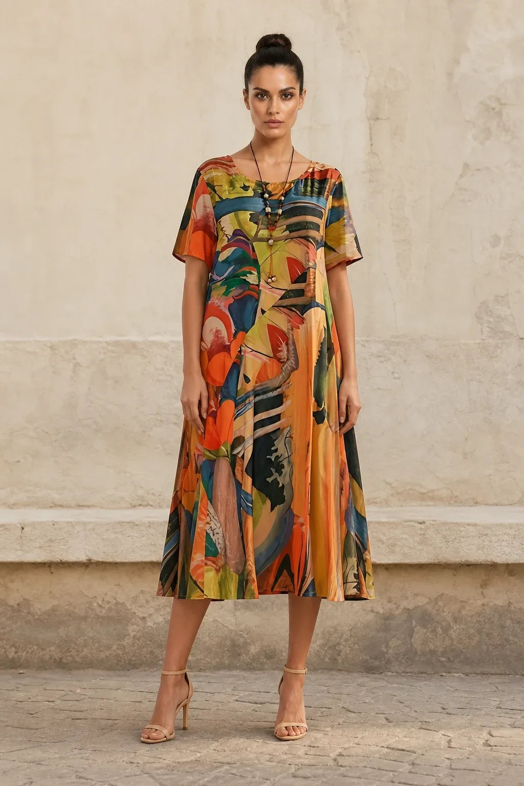 Orange abstract-print midi dress on model standing in contrapposto pose
