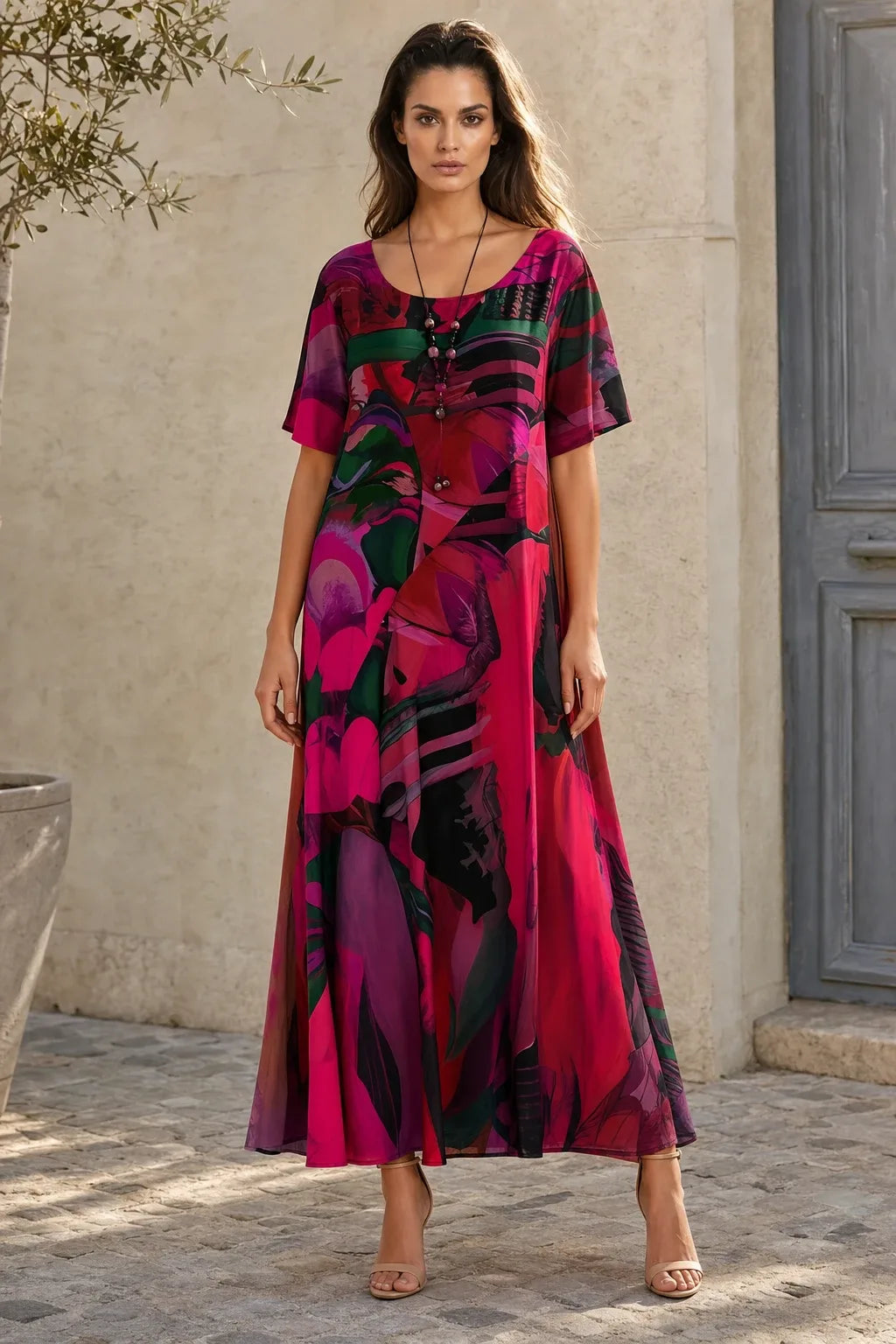Red abstract-print midi dress on model standing in contrapposto pose