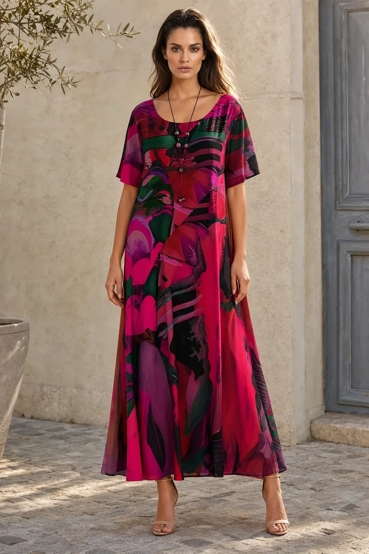 Red abstract-print midi dress on model standing in contrapposto pose