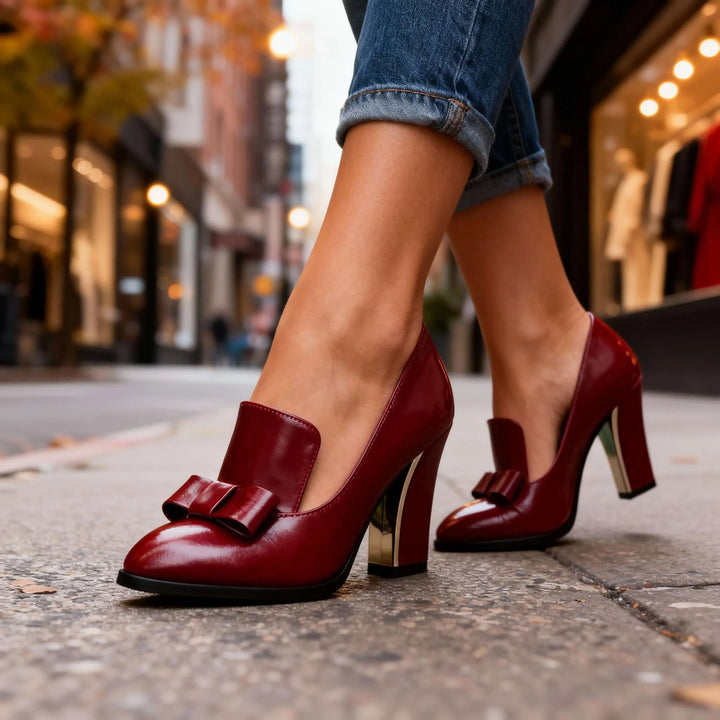 Black loafer pump with bow detail, three-quarter angle view