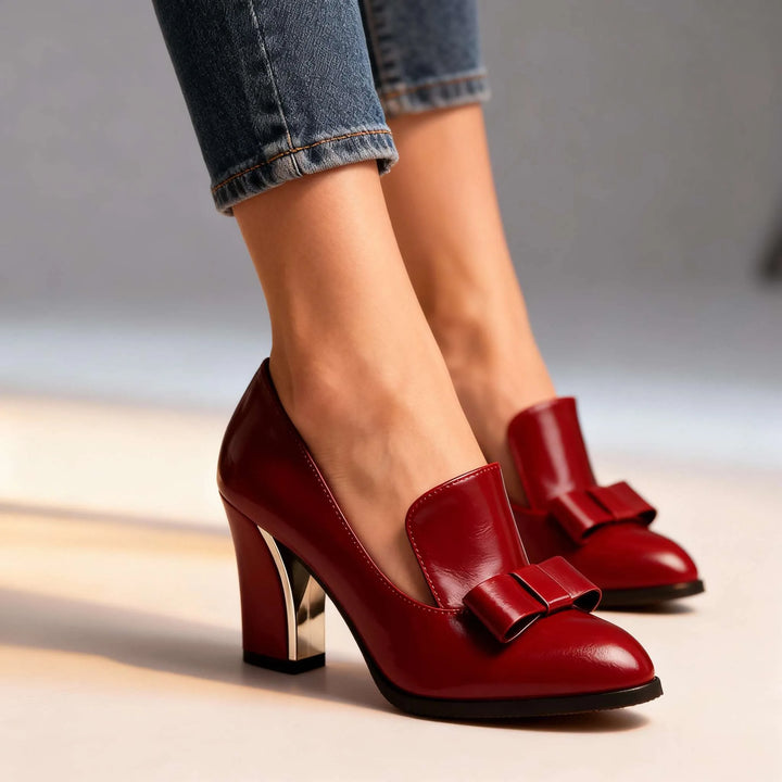 Red loafer pump with bow detail
