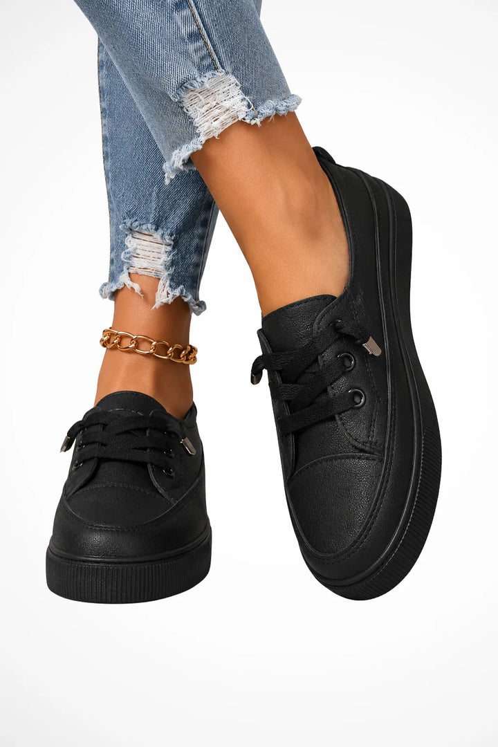 Black flatform lace-up sneaker, front view