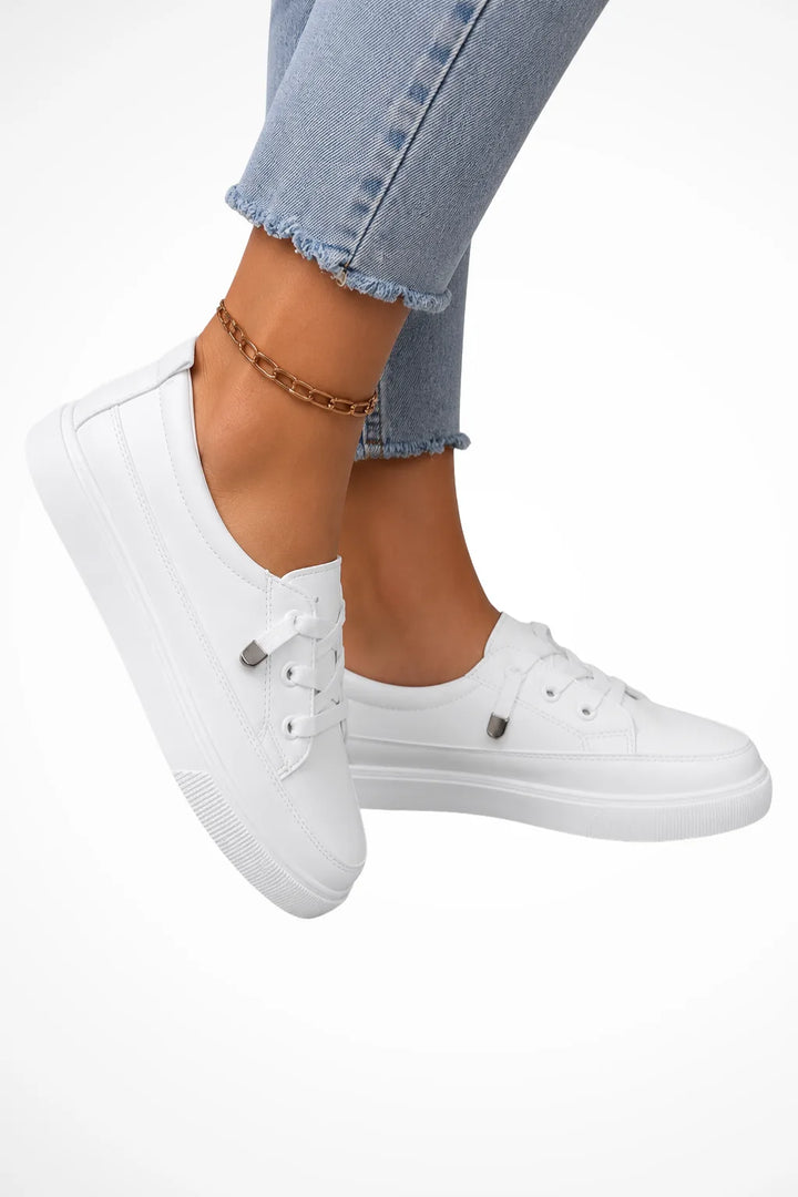 White flatform lace-up sneaker, front view