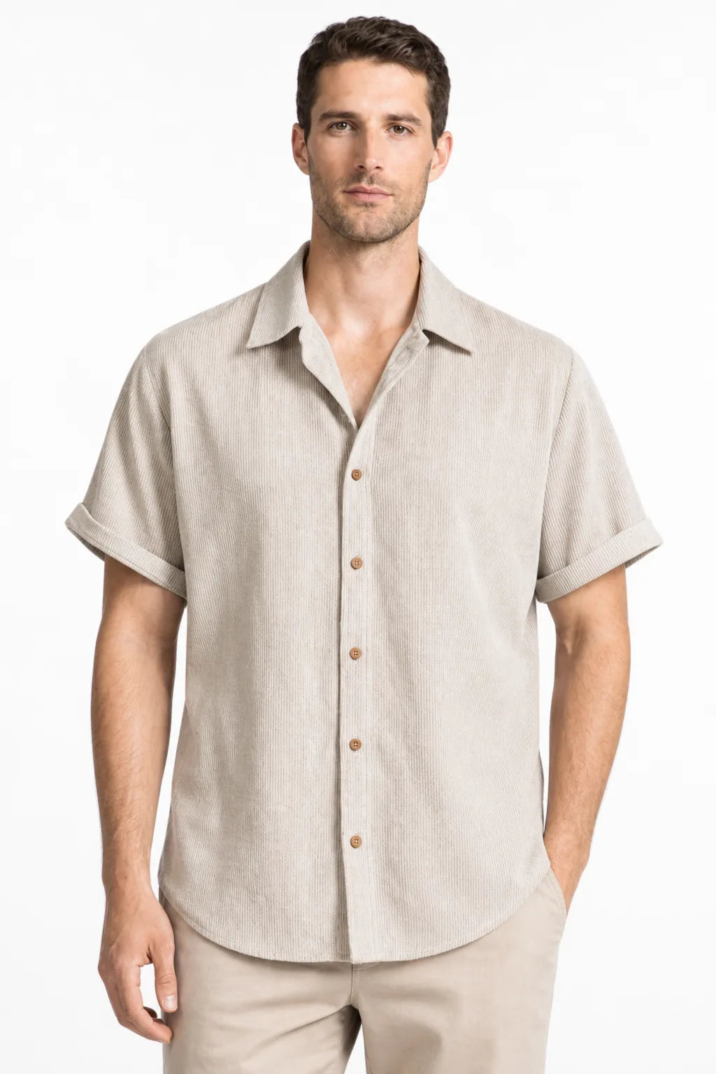 Beige ribbed corduroy shirt on model in contrapposto stance