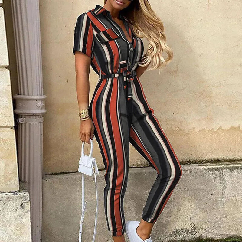 Model facing forward wearing a striped belted jumpsuit