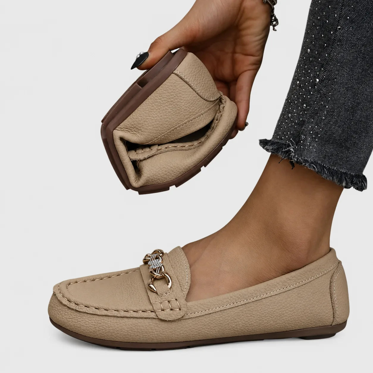 White chain embellished loafer, heel view