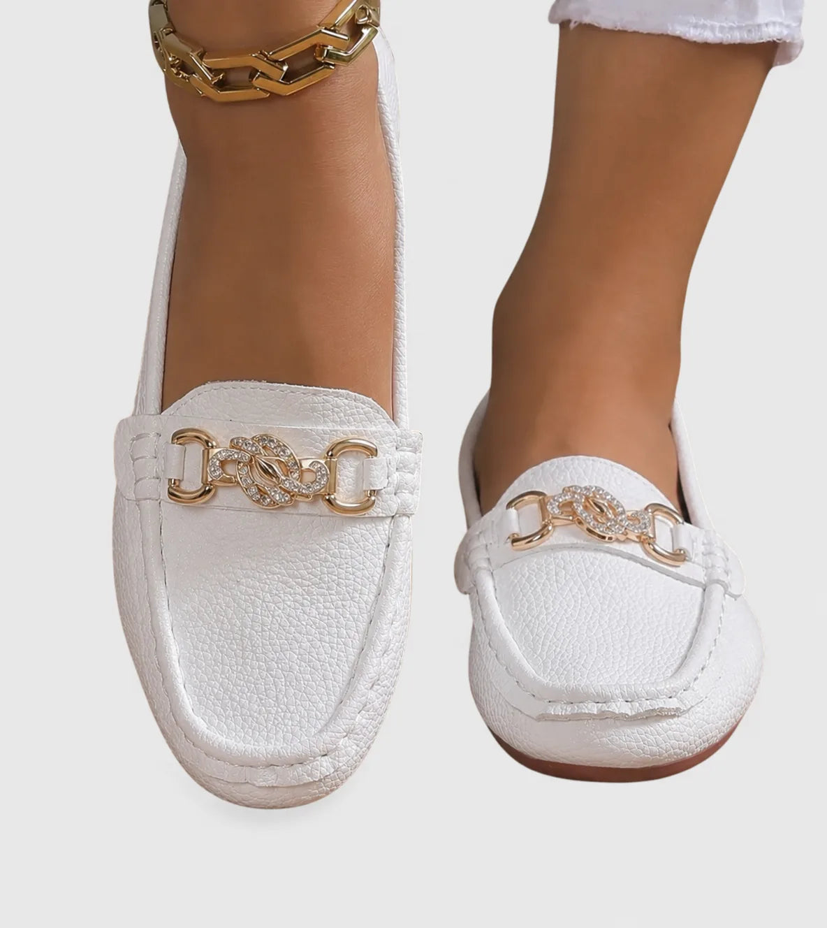 White chain embellished loafer, front view
