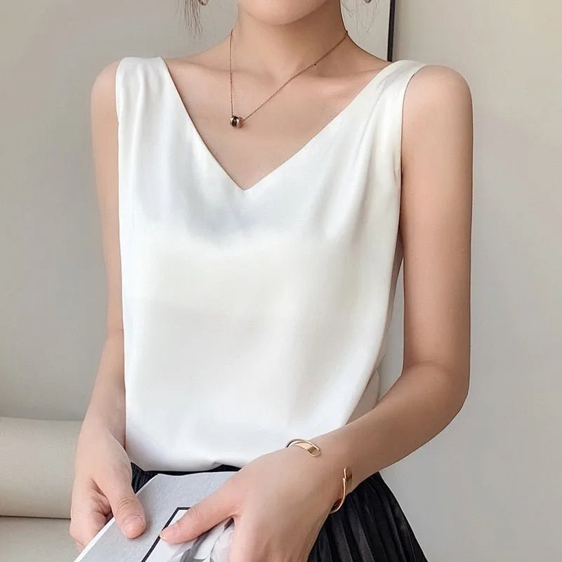 White satin v-neck cami on model
