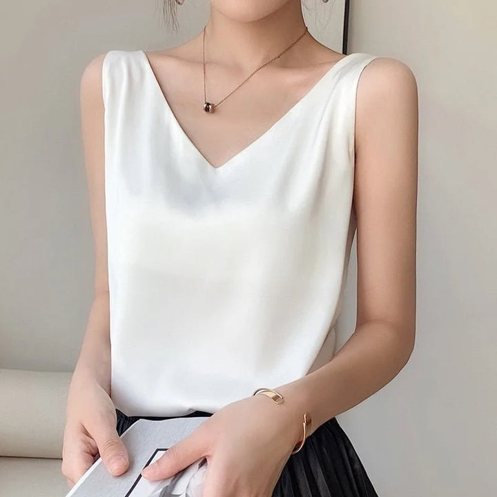 White satin v-neck cami on model