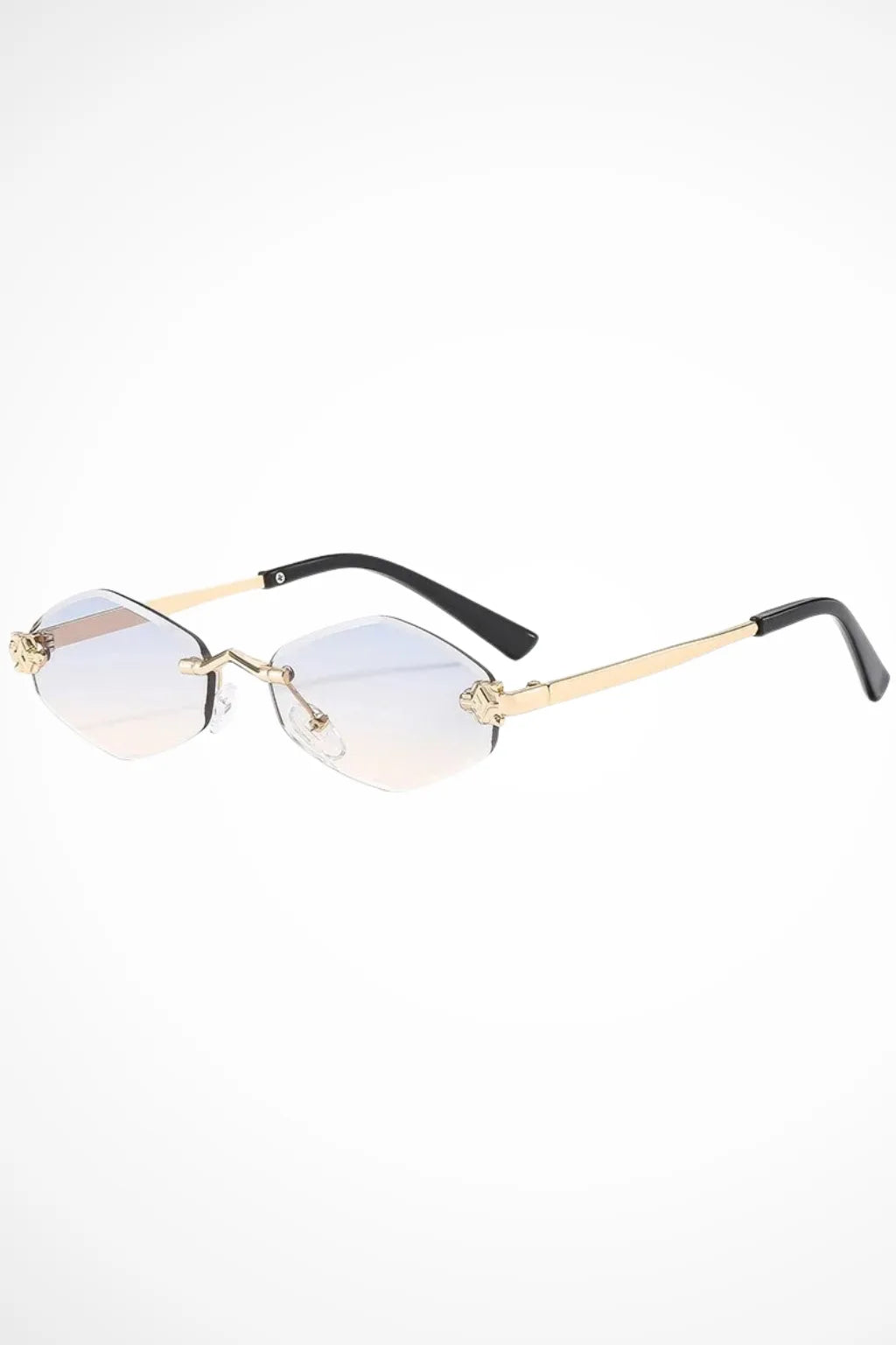 Geometric rimless gradient sunglasses in gold with blue-yellow gradient lenses, front view
