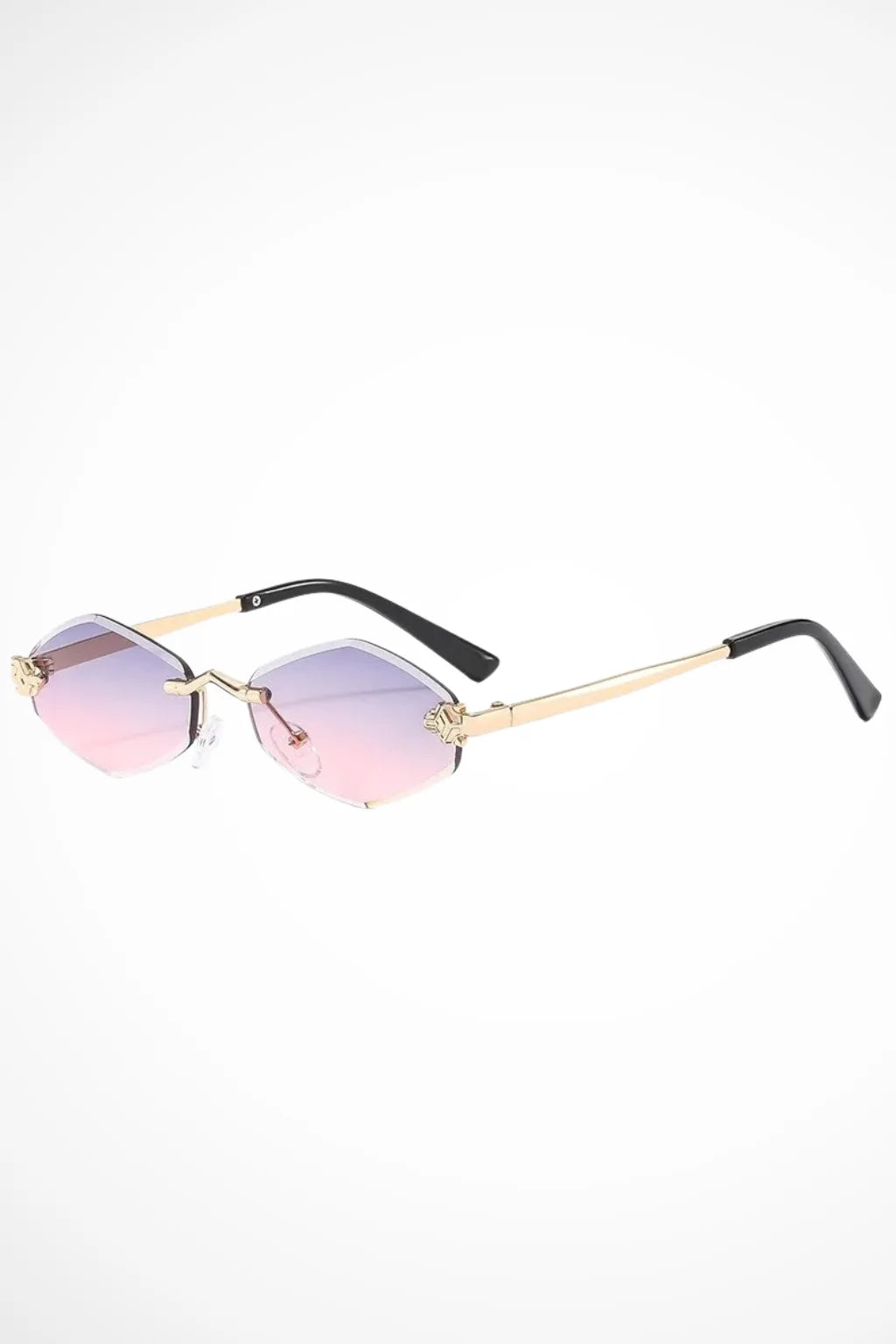 Geometric rimless gradient sunglasses in gold and pink-gray tones, front view