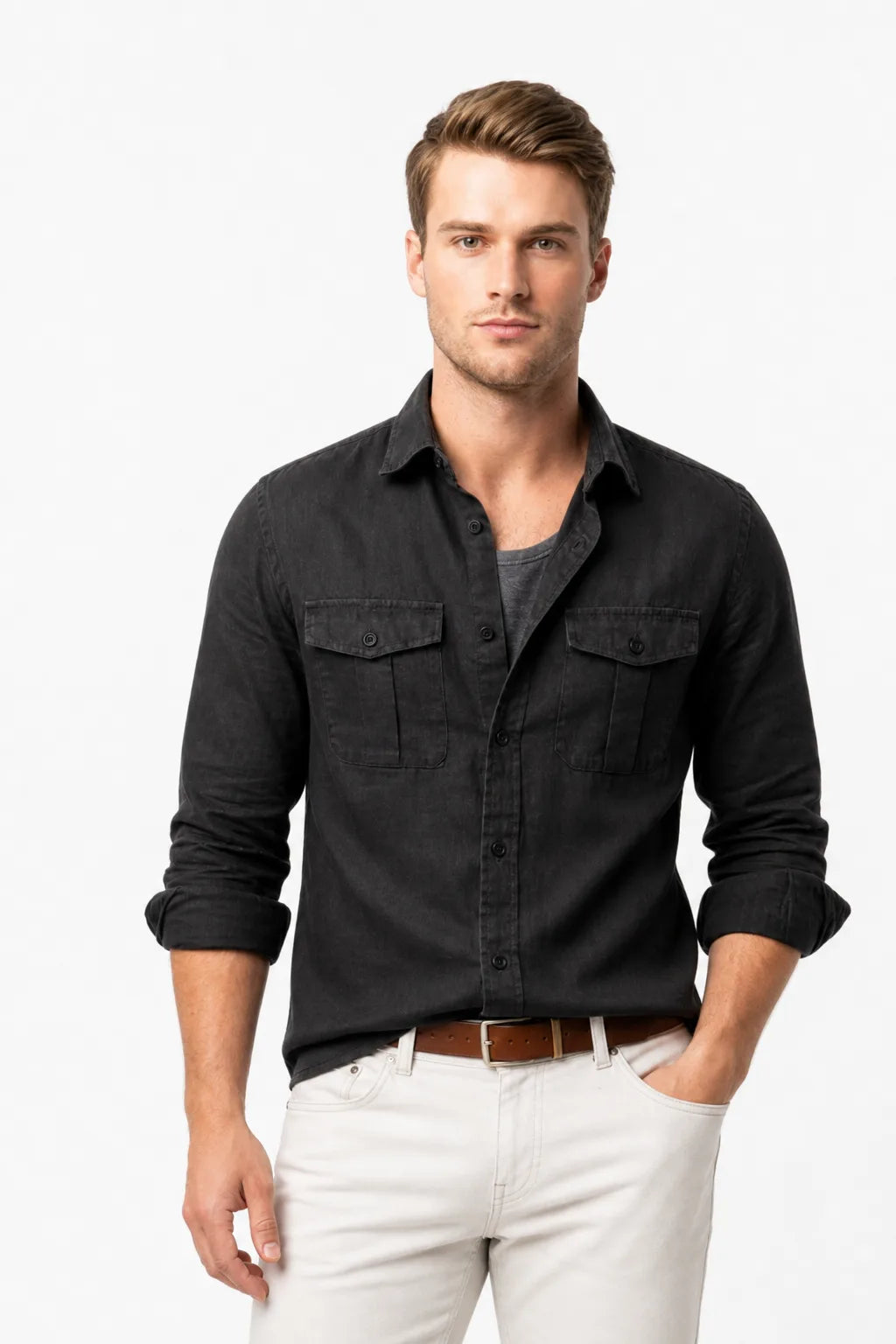 Black linen double pocket overshirt on male model in contrapposto stance