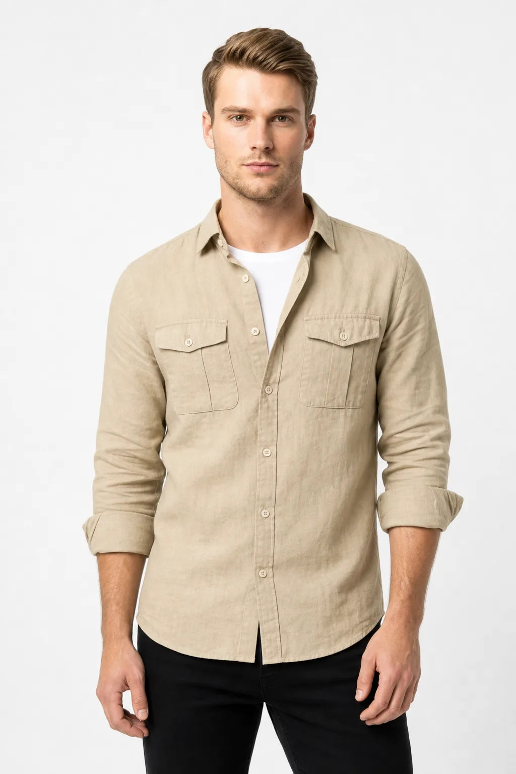 Khaki linen double pocket overshirt on male model in contrapposto stance