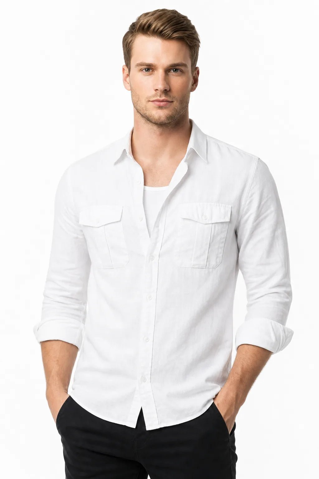 White linen double pocket overshirt on male model in contrapposto stance