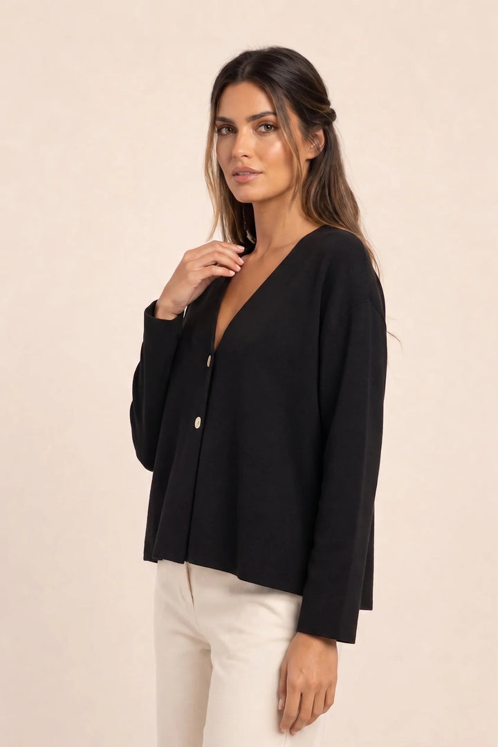 Black button-front knit cardigan on model in three-quarter turn