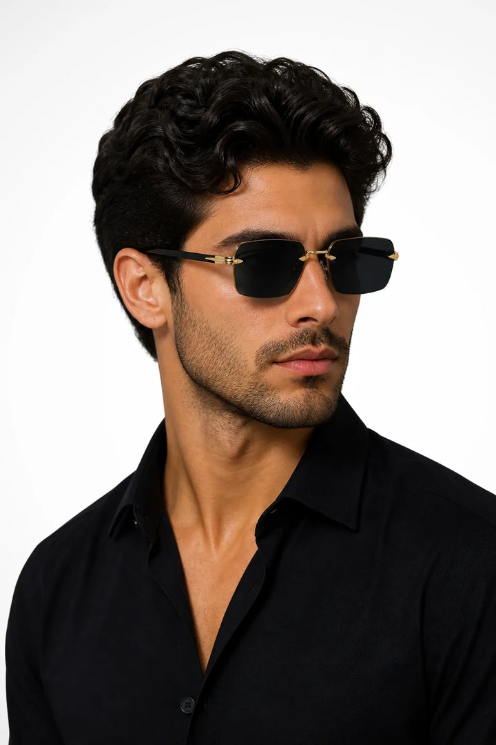 Black rimless rectangular double bridge sunglasses, front view