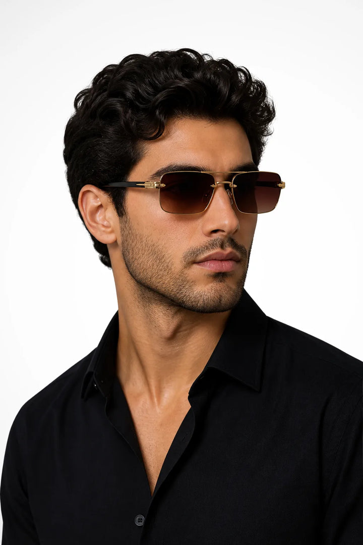 Brown rimless rectangular double bridge sunglasses, front view