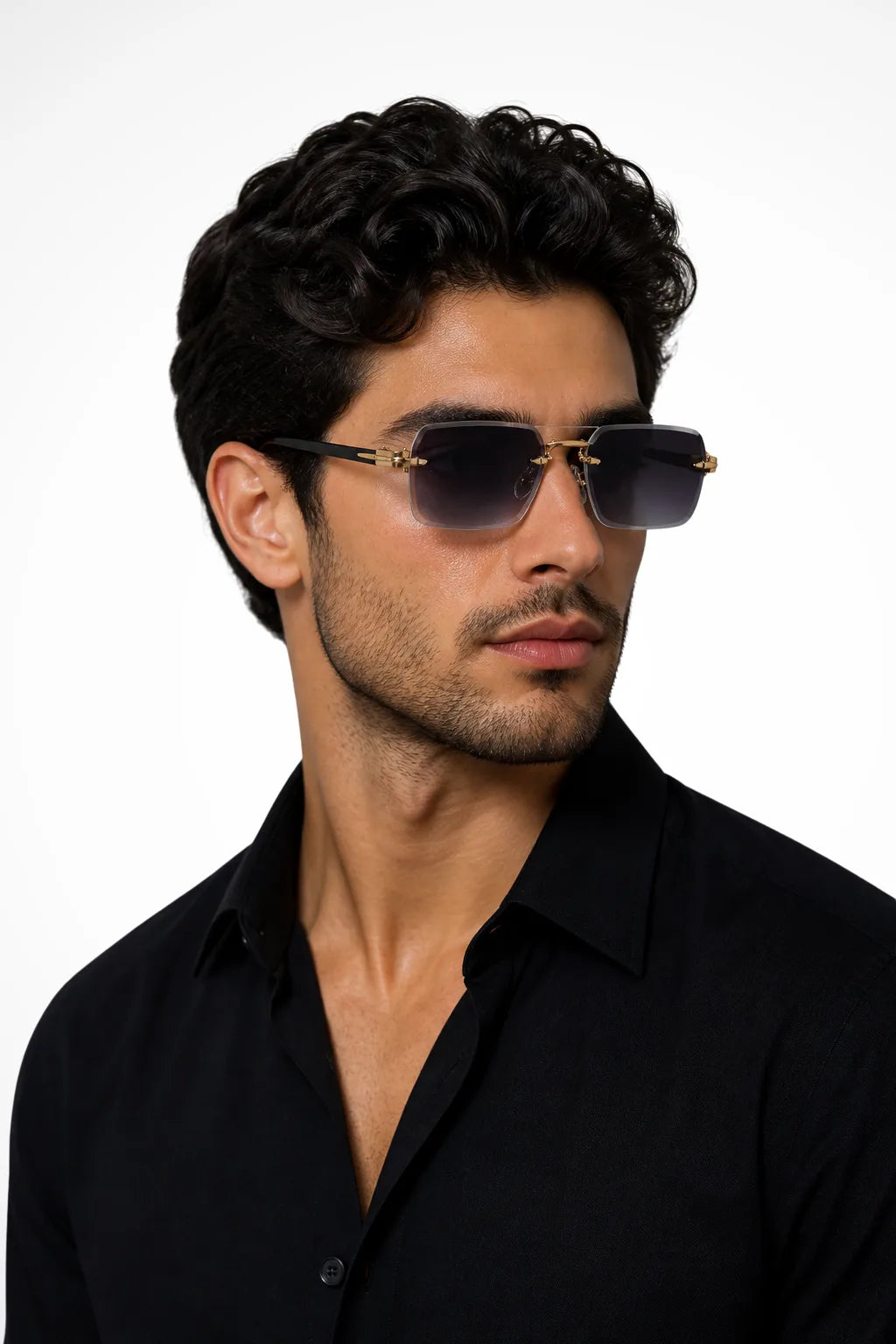 Gray rimless rectangular double bridge sunglasses, front view