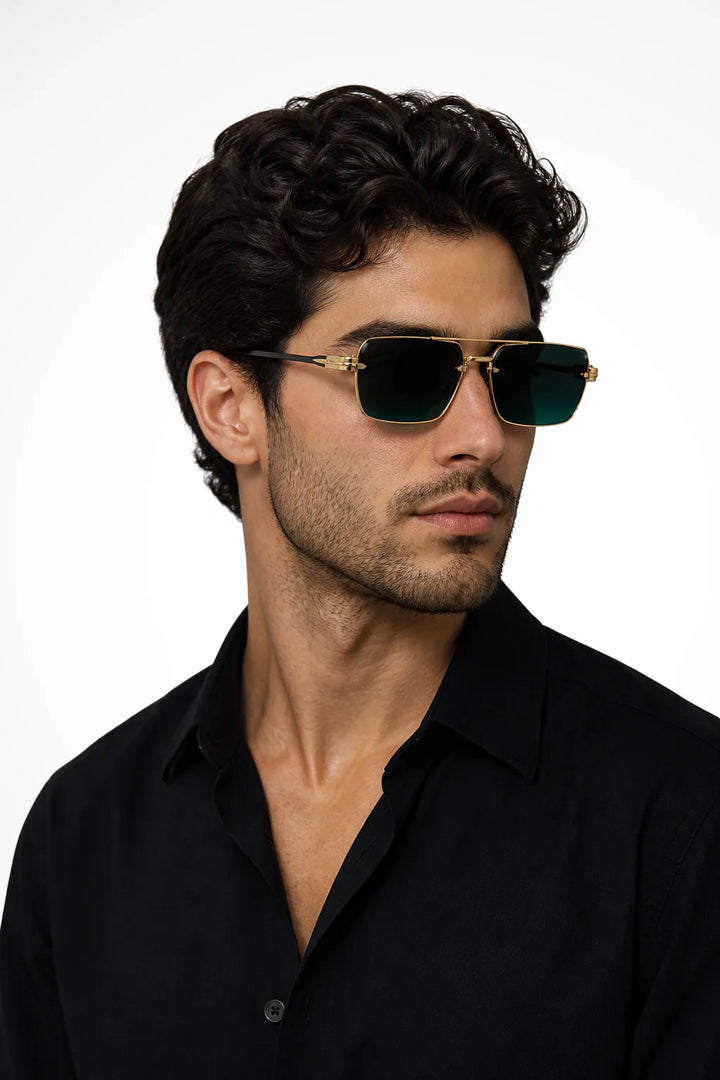 Green rimless rectangular double bridge sunglasses, front view