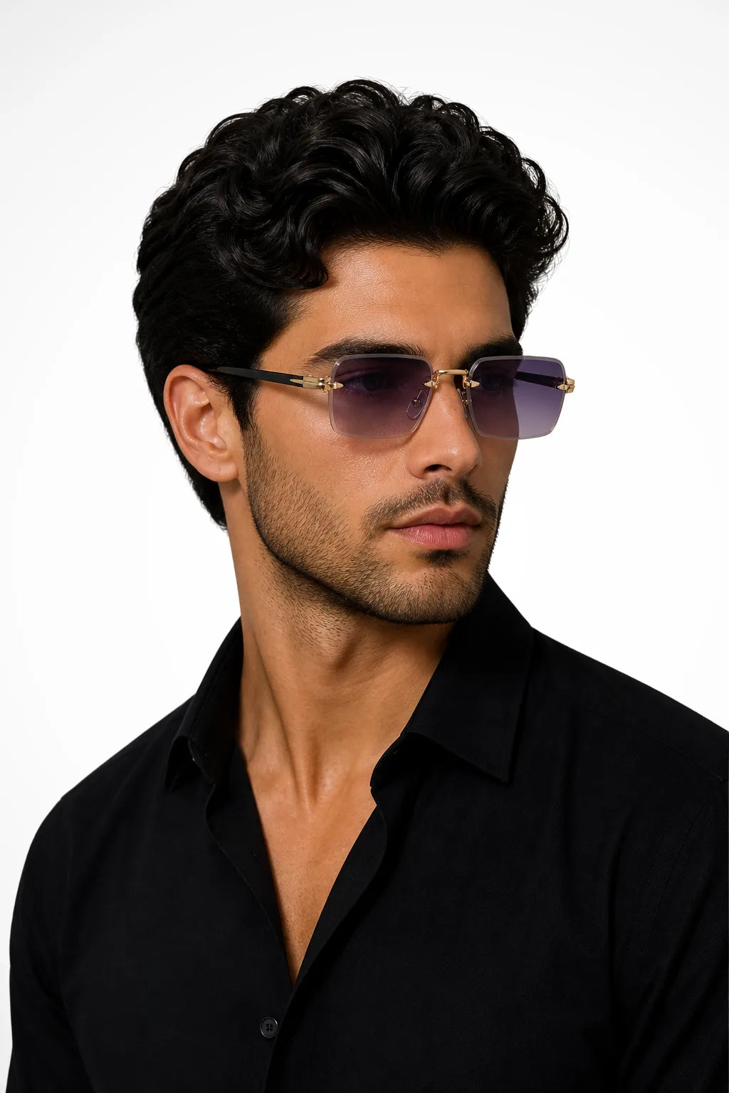 Pink rimless rectangular double bridge sunglasses, front view