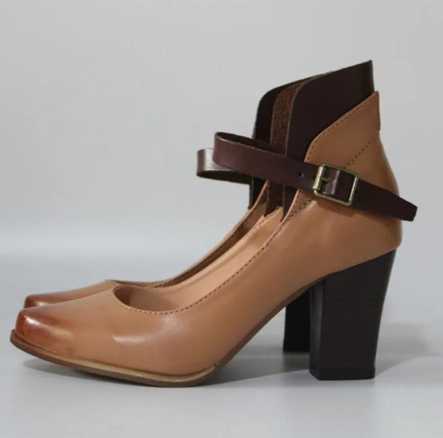 Brown ankle strap block heel pump, three-quarter view