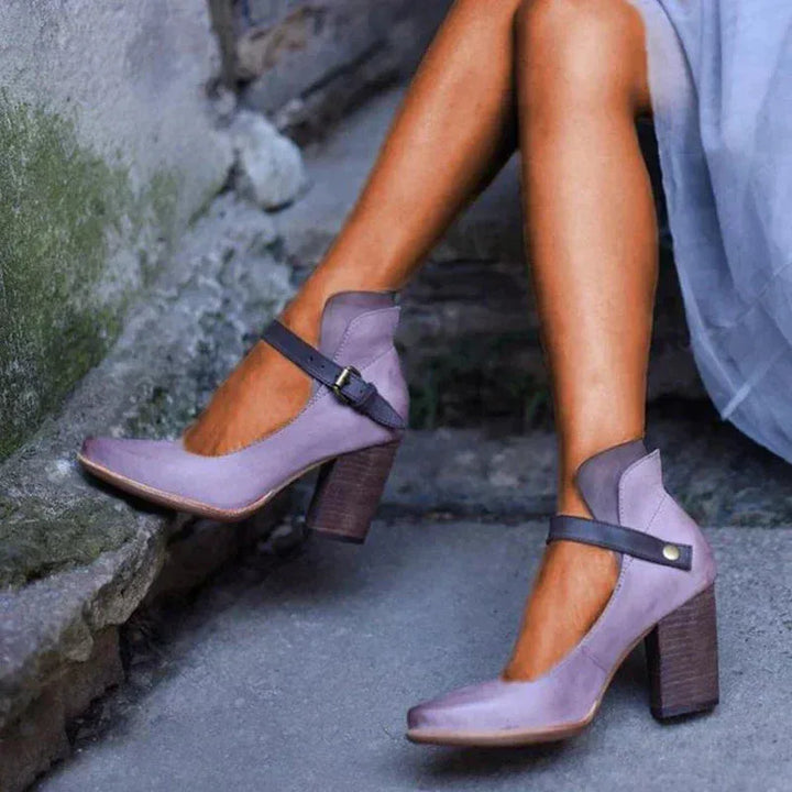 Purple ankle strap block heel pump, side profile view