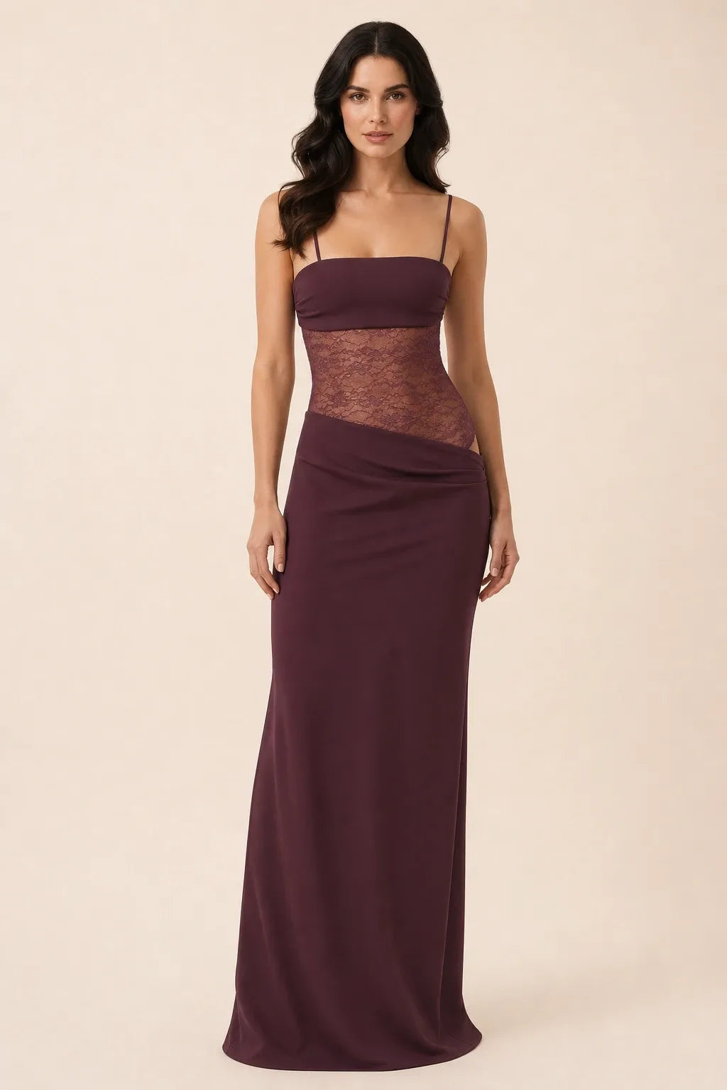 Dark red lace corset maxi dress on model in contrapposto stance