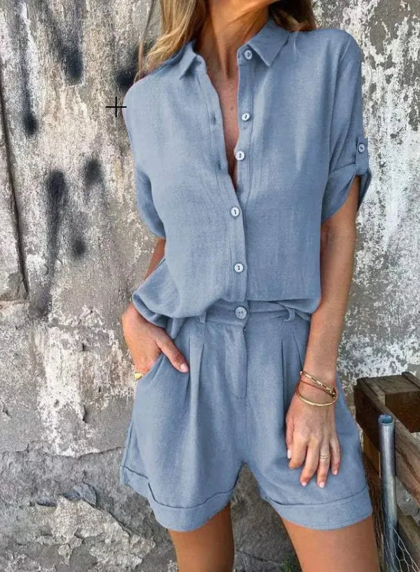 Blue matching shirt and shorts set on standing model